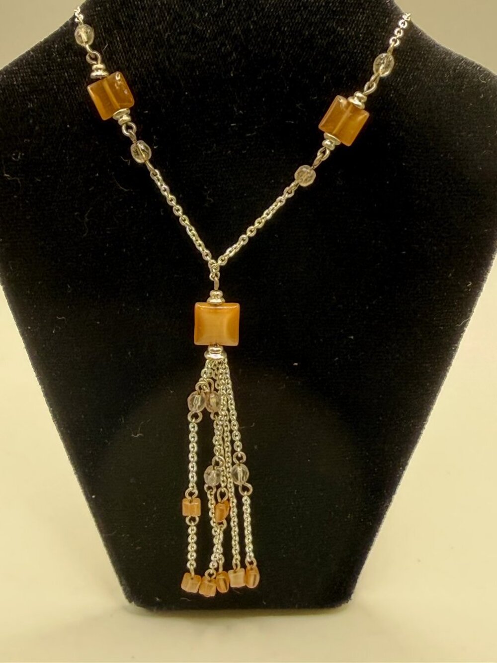 Silver Necklace with Crystal & Tan Beads 16"